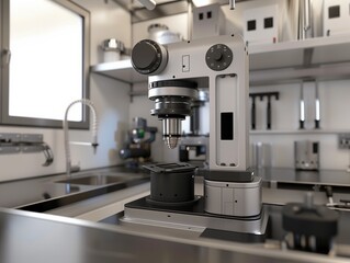 A microscope is on a counter in a kitchen. The kitchen is clean and organized, with various items such as a sink, a refrigerator, and a microwave. Concept of precision and scientific curiosity