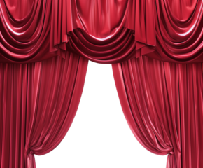 Elegant red stage curtains on transparent background, cut out