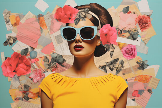 Beautiful woman in fashionable glasses with brown hair in vintage hairstyle, surrounded by lots of colorful paper notes and flowers. collage.