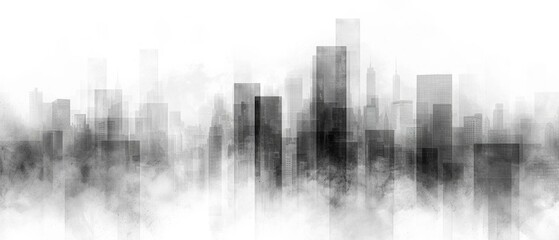 A black and white photo of a city skyline with fog. Generative AI. - Powered by Adobe
