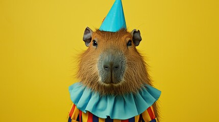 Capybara in clown attire, moodily staring out, set against a calming pastel hue - obrazy, fototapety, plakaty