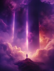 Surreal scene of man standing against light beam