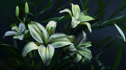 Lusciously detailed white lilies with spots, standing out against a dark lush background, exuding elegance