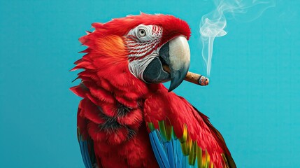 Macaw parrot with vivid plumage smoking a cigar, detailed feathers closeup, against a sleek backdrop clean sharp, focus