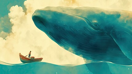 Majestic blue whale and tiny vessel in a vast ocean, sepia tones for a timeless feel, serene space above for text clean sharp, focus