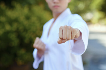 Taekwondo athlete training outdoors practicing jab punch