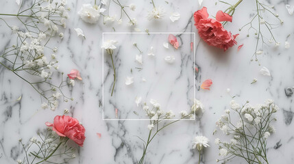 Artistic display of vibrant and pale flowers with scattered petals on a marble plane
