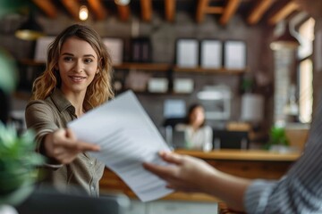 A focused exchange with a smiling woman passing documents over to someone