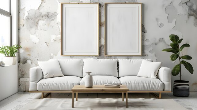 Modern living room with two square frame mockup, gray color sofa and interior decoration. 3d rendering, interior design, 3d illustration AI generated 