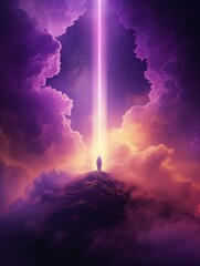 Fototapeta premium Surreal cosmic light beam descending on silhouette, ethereal purple clouds in starry night sky, spiritual enlightenment and transcendence concept