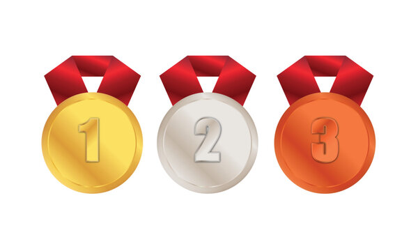 gold, silver and bronze medals with red ribbons	