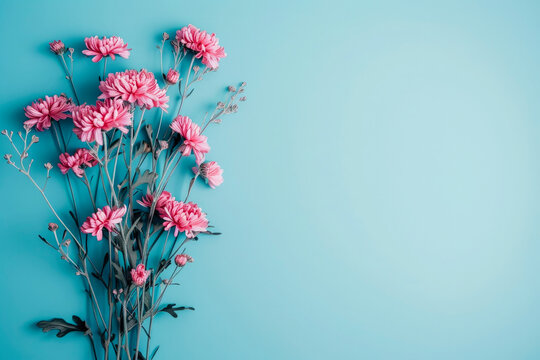 A bouquet of pink flowers is arranged on a blue background