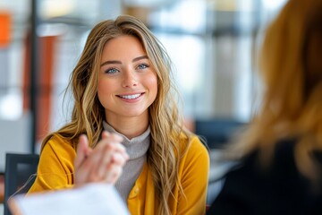 Engaging young woman with a bright smile participating in a business meeting or conversation