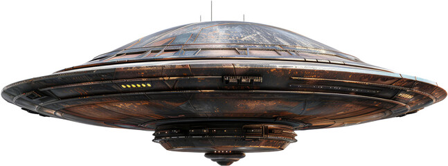Futuristic spaceship with glowing details isolated, UFO ship, cut out transparent