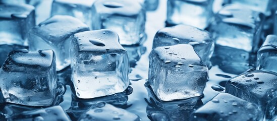 Several ice cubes are positioned on top of a table, gradually melting and creating small puddles on the wet grey-blue surface. The cubes appear transparent and glistening under the light.