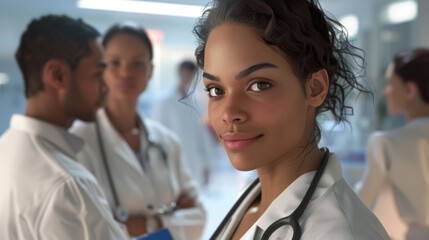A smiling woman in a white lab coat stands confidently with her arms crossed, flanked by medical colleagues.