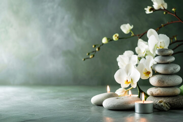 A candle and some rocks are on a table