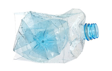Blue plastic bottle crumpled, isolated on white, clipping path  - obrazy, fototapety, plakaty