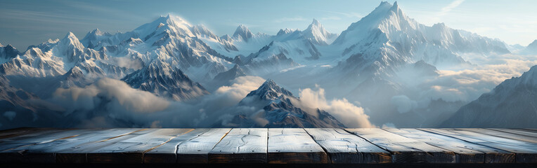Empty Wooden Table With Mountains Background