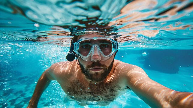 
foto criativa do homem com câmera de ação na piscina 