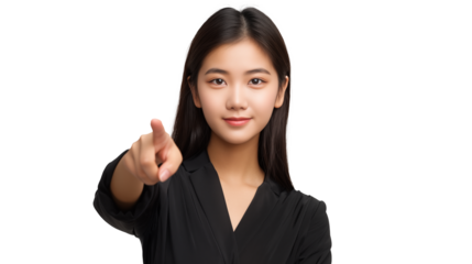 Portrait of a asian woman isolated on transparent background pointing to the left
