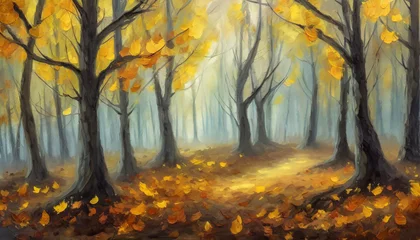 Foto op Canvas Detailed oil painting of spooky forest with yellow leaves on trees. Misty woods Wild nature. Autumn season © hardvicore