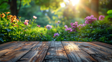 Empty Wooden Table With Garden Background