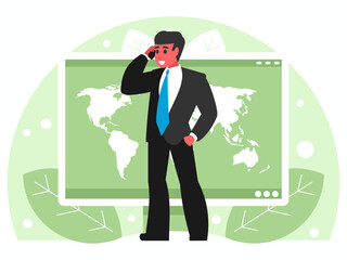 International roaming. World map on computer display. Businessman speaks on the phone. Business conversation. Vector graphics