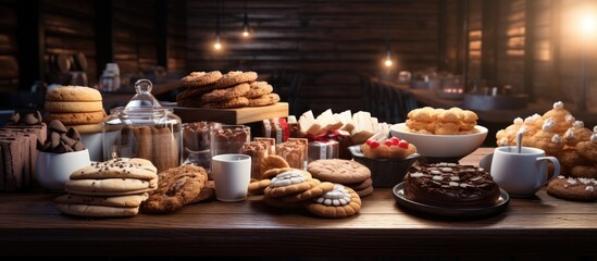 A wooden table covered by a brown tablecloth is adorned with a variety of cookies and pastries,...