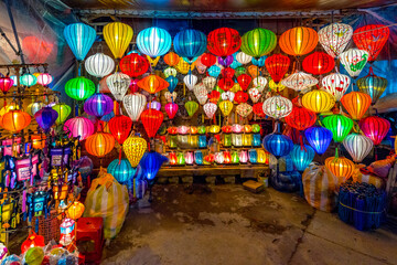 Beautiful of decoration Lanterns light in Night Market of Hoi An, Vietnam.