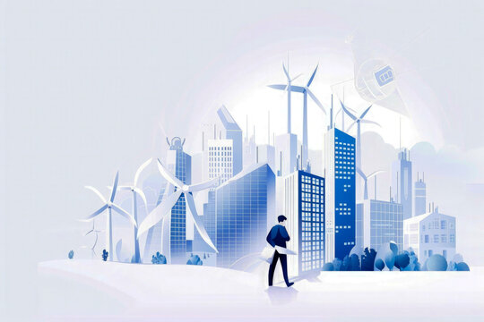 A man walks in front of a city with many wind turbines