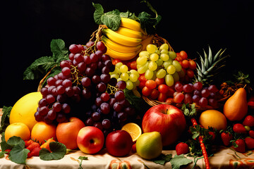Naklejka na ściany i meble A table full of fruit including apples, oranges, bananas, and grapes.