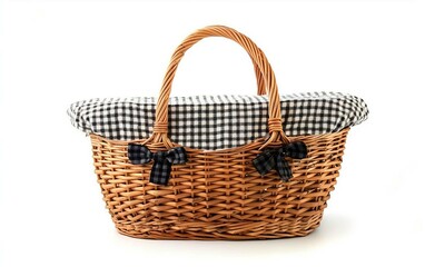 Fototapeta na wymiar Classic Picnic Basket with Checkered Pattern Isolated on White Background.