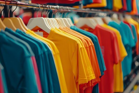 Display of colorful t-shirts on racks in a clothing store. Concept Clothing Store, Colorful T-Shirts, Retail Display, Fashion Showcase