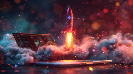 Digital Launch: Neon Rocket Blasting from Laptop into Celebration
