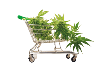shopping cart with green weed leaves
