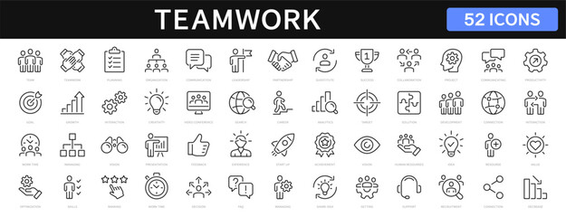 Teamwork and business people thin line icons set. Teamwork editable stroke icon collection. Team, collaboration icons. Vector illustration - 768208392