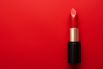 red lipstick on a red background, flat layout, top view. a place for the text.