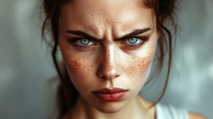Close-up portrait of a beautiful angry young woman with freckles - obrazy, fototapety, plakaty