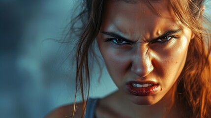Closeup portrait of a young woman with a negative emotion expression