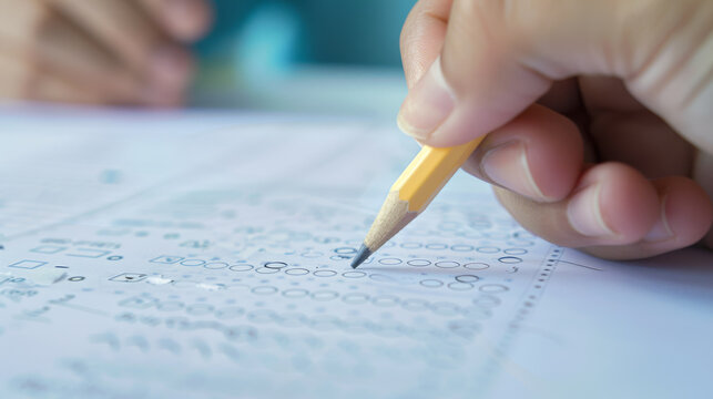 A hand with a pencil filling in a bubble sheet for a test.