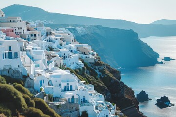 A captivating photo showcasing a picturesque village situated on a cliff, offering a breathtaking view of the ocean, A Grecian white and blue cliffside village, AI Generated - obrazy, fototapety, plakaty