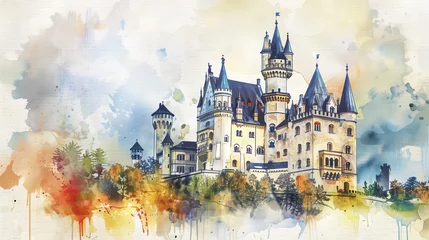 Poster A medieval buildings landscape. A fairy tale castle illustration. A fairy castle. Kid's story. Old buildings illustration. © Yana
