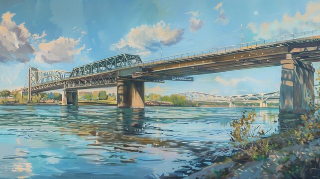 Oil painting of a bridge over the river. A bridge or river landscape oil painting. Art concept. Oil landscape painting or picture with harsh strokes.