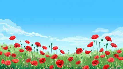 Poppy flowers in the field. Red poppy flowers illustration. Nature concept. Flower field landscape.