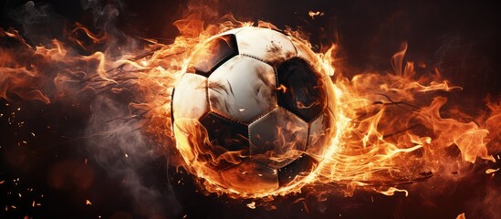 A soccer ball engulfed in flames, burning brightly against a dark black backdrop. The fiery ball is the focal point of the intense image, symbolizing energy and power. - obrazy, fototapety, plakaty