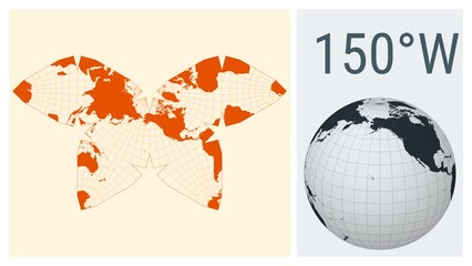 World Map Animation. Steve Waterman butterfly projection. Solid color style. Animated world map in Polyhedral Waterman projection. Loopable animation showing longitude shift and matching globe.