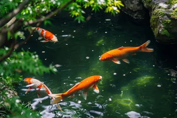Tuinposter A group of fish moves through the water as they swim together in a pond, A group of elegant koi carp in a tranquil Japanese pond, AI Generated © Ifti Digital