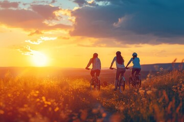 Obraz premium Three individuals energetically ride their bicycles on a grassy hill beneath the captivating hues of a sunset, A group of friends enjoying a bicycle ride at sunset, AI Generated