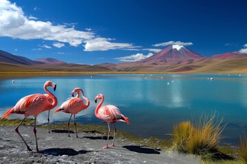 A photo capturing three flamingos as they stand gracefully on the shore of a serene lake, A group of flamingos by a crystal blue lake, AI Generated - Powered by Adobe